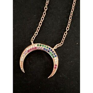 Over the Moon  16" Necklace Rainbow Stones Rose Gold Crescent Moon Double Horn